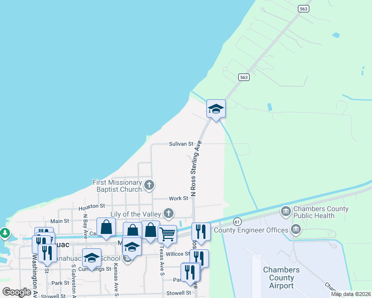 map of restaurants, bars, coffee shops, grocery stores, and more near 627 Ross Sterling Avenue in Anahuac