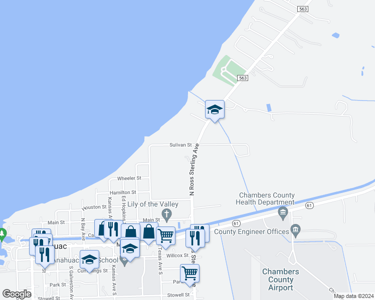 map of restaurants, bars, coffee shops, grocery stores, and more near 563 Farm to Market Road 563 in Anahuac