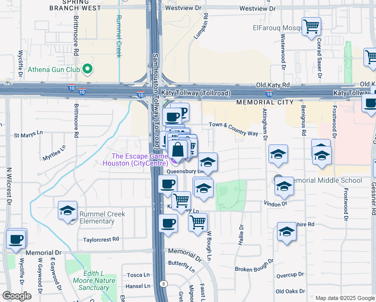 map of restaurants, bars, coffee shops, grocery stores, and more near 796 Town and Country Boulevard in Houston