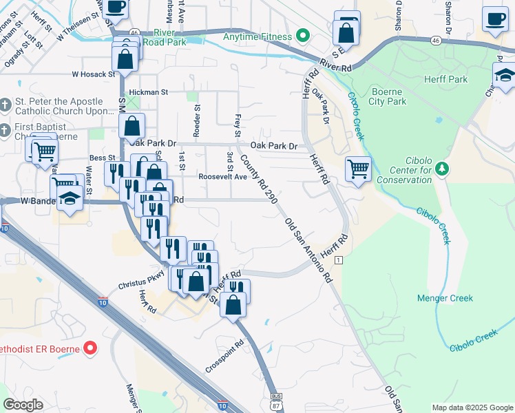 map of restaurants, bars, coffee shops, grocery stores, and more near 529 East Bandera Road in Boerne