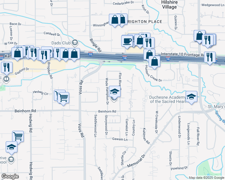 map of restaurants, bars, coffee shops, grocery stores, and more near 10611 Twelve Oaks Drive in Houston