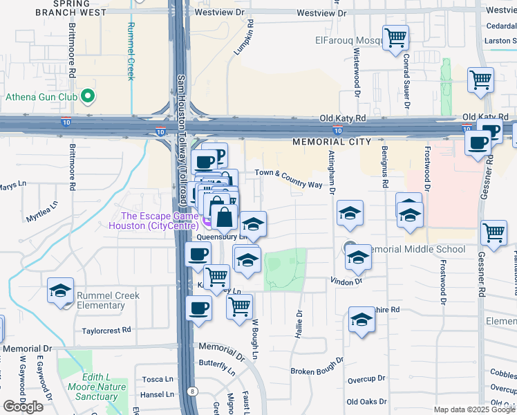 map of restaurants, bars, coffee shops, grocery stores, and more near 811 Town & Country Lane in Houston