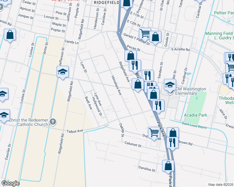 map of restaurants, bars, coffee shops, grocery stores, and more near 1721 Oakley Street in Thibodaux