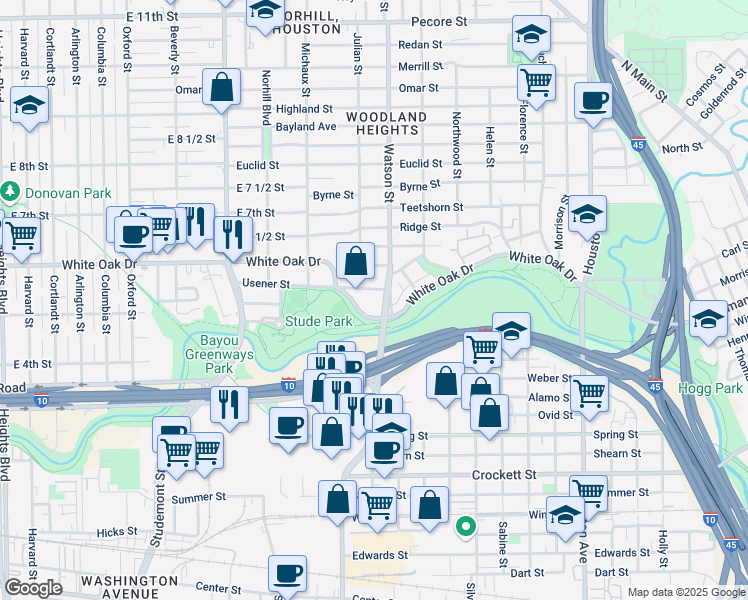 map of restaurants, bars, coffee shops, grocery stores, and more near 825 Usener Street in Houston