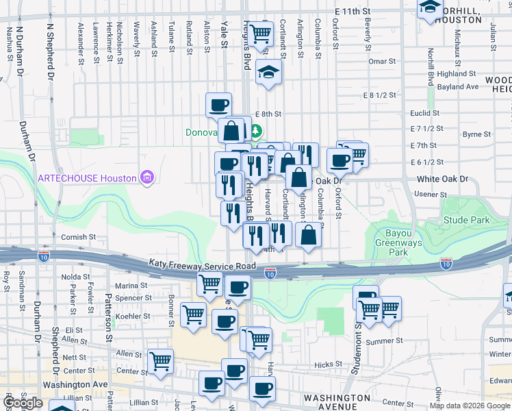 map of restaurants, bars, coffee shops, grocery stores, and more near 102 East 5th Street in Houston