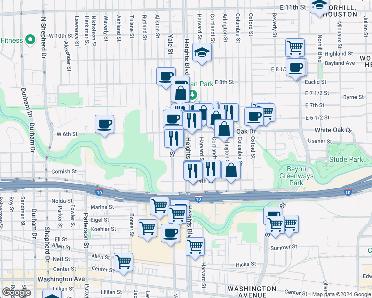 map of restaurants, bars, coffee shops, grocery stores, and more near 102 East 5th Street in Houston