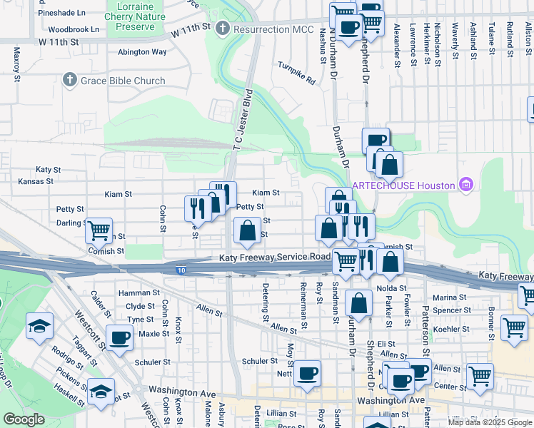 map of restaurants, bars, coffee shops, grocery stores, and more near 5313 Darling Street in Houston