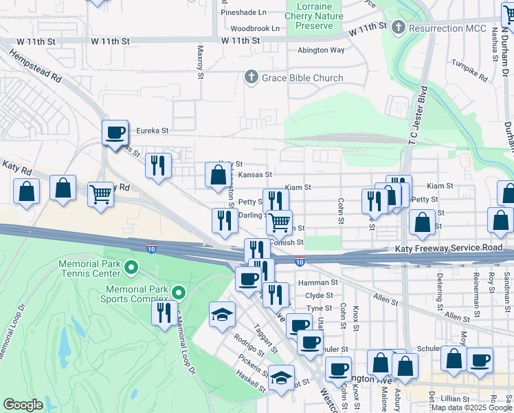 map of restaurants, bars, coffee shops, grocery stores, and more near 5805B Darling Street in Houston