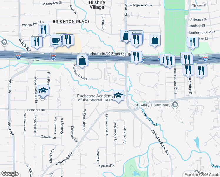 map of restaurants, bars, coffee shops, grocery stores, and more near 10220 Memorial Drive in Houston