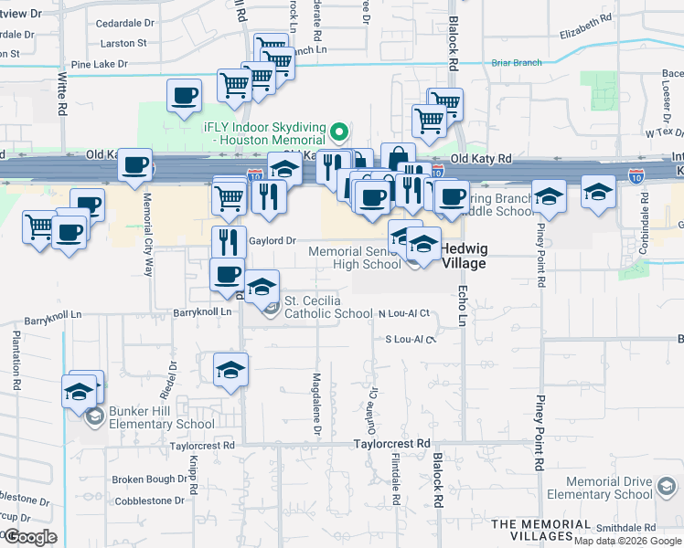 map of restaurants, bars, coffee shops, grocery stores, and more near 917 Constance Drive in Houston
