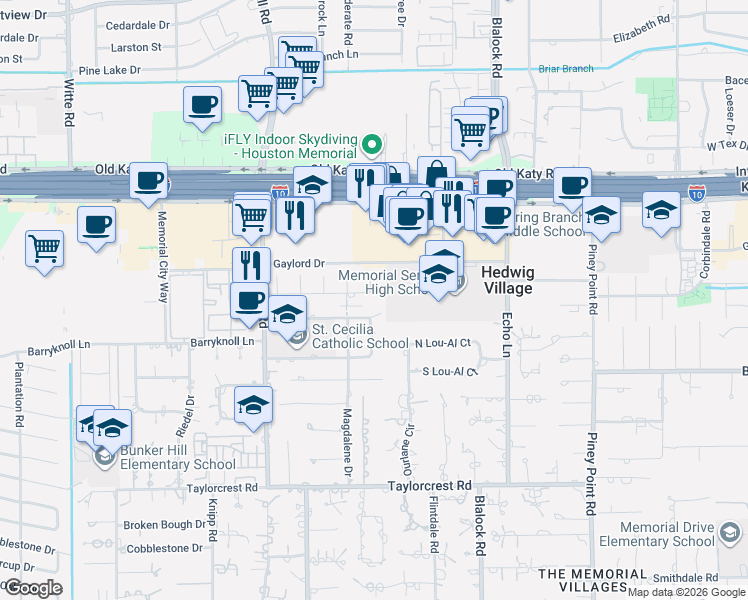 map of restaurants, bars, coffee shops, grocery stores, and more near 917 Constance Drive in Houston