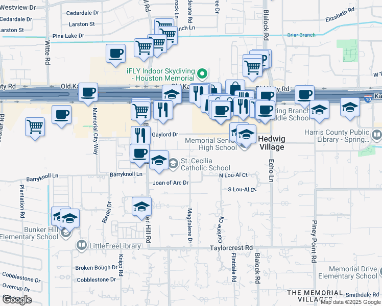 map of restaurants, bars, coffee shops, grocery stores, and more near 917 Constance Drive in Houston