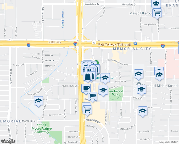 map of restaurants, bars, coffee shops, grocery stores, and more near 142 Citycentre Way in Houston