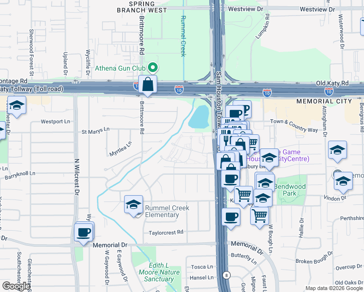 map of restaurants, bars, coffee shops, grocery stores, and more near 12994 Trail Hollow Drive in Houston