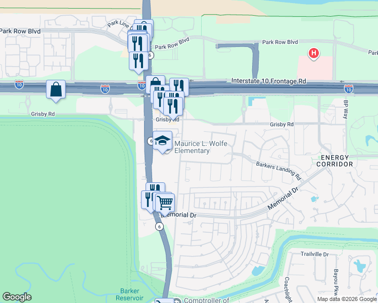 map of restaurants, bars, coffee shops, grocery stores, and more near 502 Timber Circle in Houston