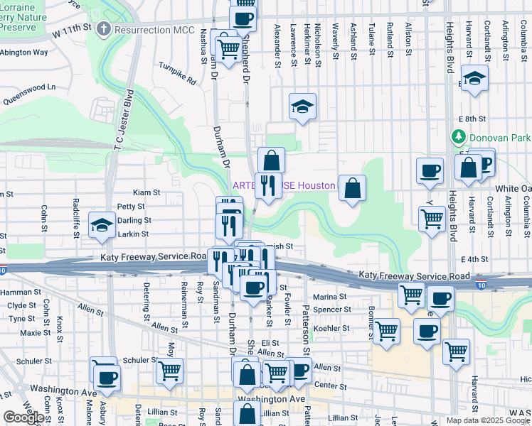 map of restaurants, bars, coffee shops, grocery stores, and more near in Houston