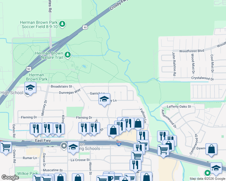 map of restaurants, bars, coffee shops, grocery stores, and more near 10818 Garrick Lane in Houston
