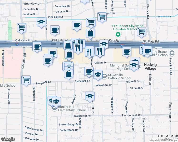 map of restaurants, bars, coffee shops, grocery stores, and more near 925 Bunker Hill Road in Houston