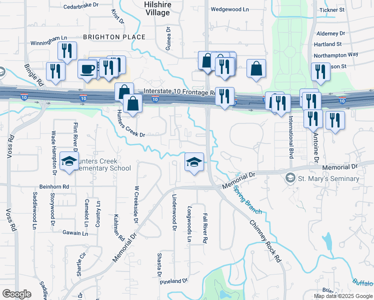 map of restaurants, bars, coffee shops, grocery stores, and more near 8225 Kingsbrook Road in Houston