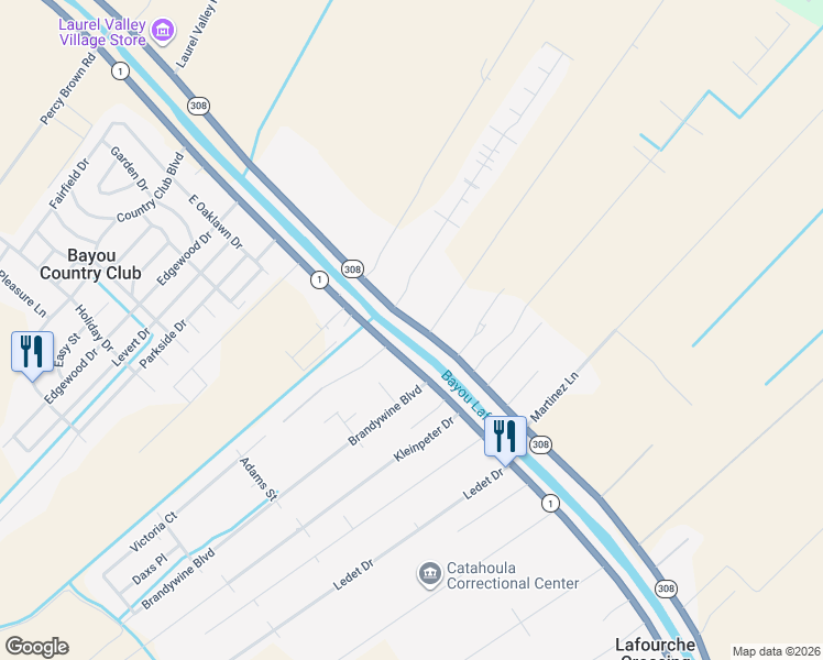 map of restaurants, bars, coffee shops, grocery stores, and more near 656 Highway 308 in Thibodaux