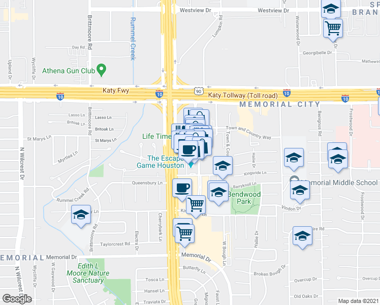 map of restaurants, bars, coffee shops, grocery stores, and more near 800 Sorella Court in Houston