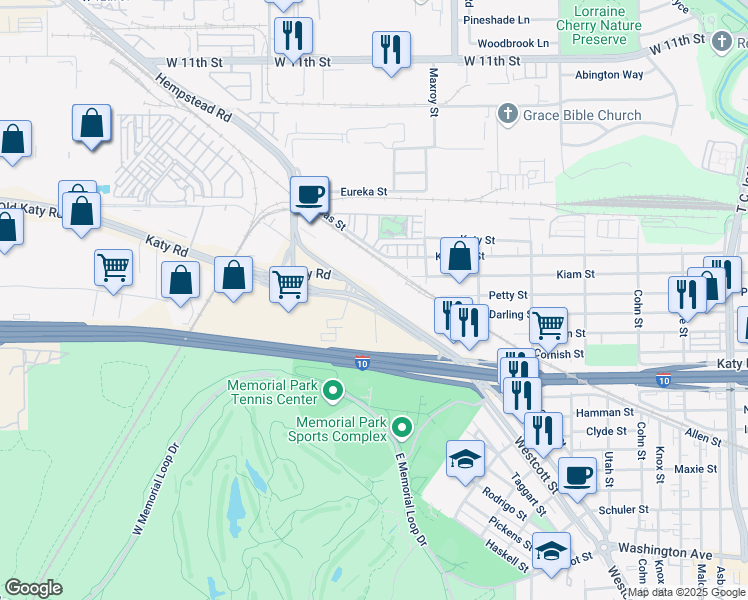 map of restaurants, bars, coffee shops, grocery stores, and more near 7655 Washington Avenue in Houston