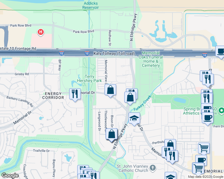 map of restaurants, bars, coffee shops, grocery stores, and more near 15150 Memorial Drive in Houston
