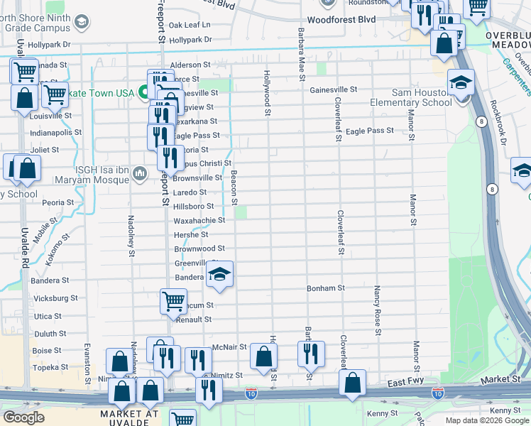 map of restaurants, bars, coffee shops, grocery stores, and more near 826 Hollywood Street in Houston