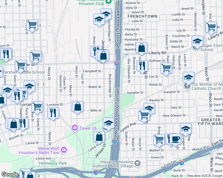 map of restaurants, bars, coffee shops, grocery stores, and more near 2110 Jensen Drive in Houston