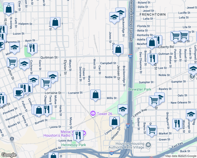 map of restaurants, bars, coffee shops, grocery stores, and more near 2106 Carr Street in Houston