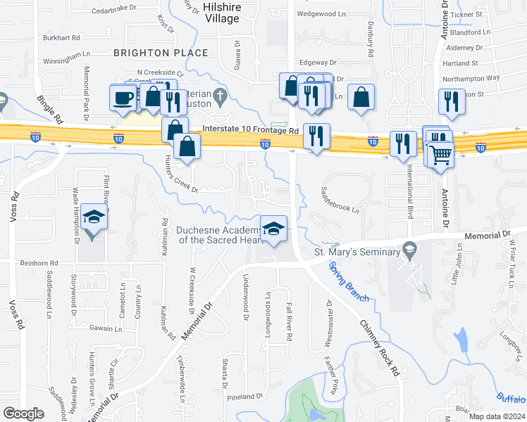 map of restaurants, bars, coffee shops, grocery stores, and more near 300-317 Queen Annes Road in Houston