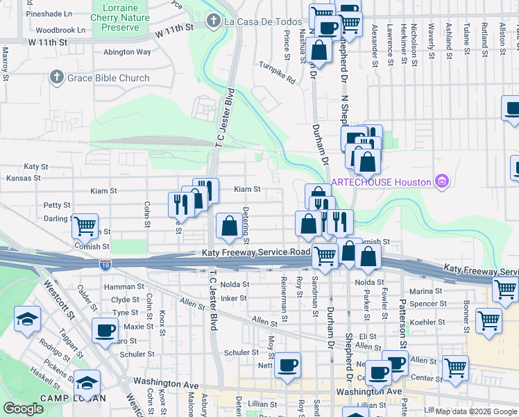 map of restaurants, bars, coffee shops, grocery stores, and more near 5224 Petty Street in Houston