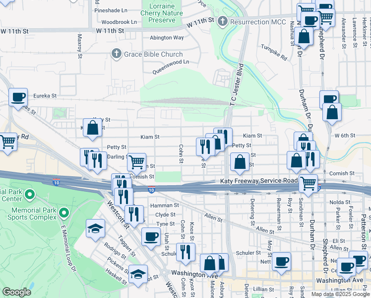 map of restaurants, bars, coffee shops, grocery stores, and more near 5519 Kiam Street in Houston