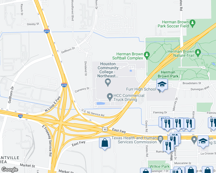 map of restaurants, bars, coffee shops, grocery stores, and more near 555 Community College Drive in Houston