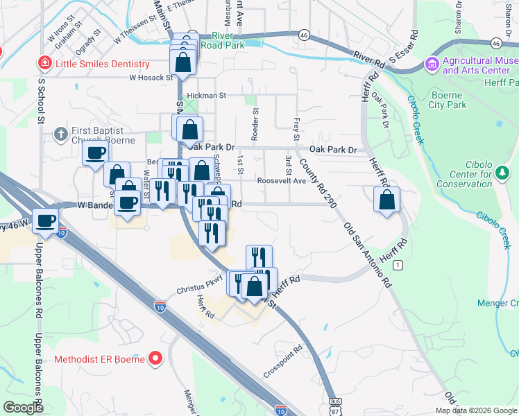 map of restaurants, bars, coffee shops, grocery stores, and more near 216 2nd Street in Boerne