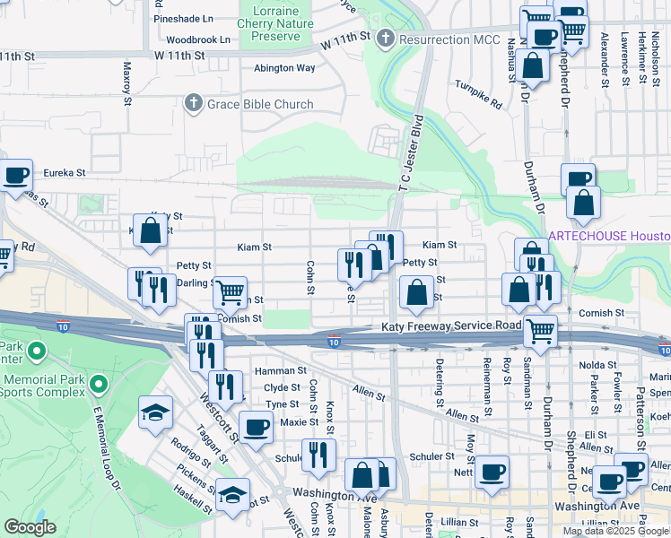 map of restaurants, bars, coffee shops, grocery stores, and more near 5519 Kiam Street in Houston