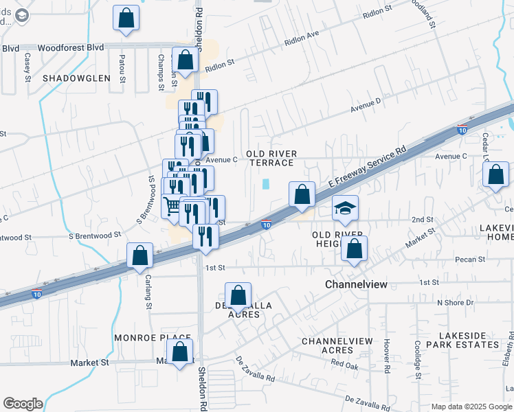 map of restaurants, bars, coffee shops, grocery stores, and more near 15919 East Freeway in Channelview