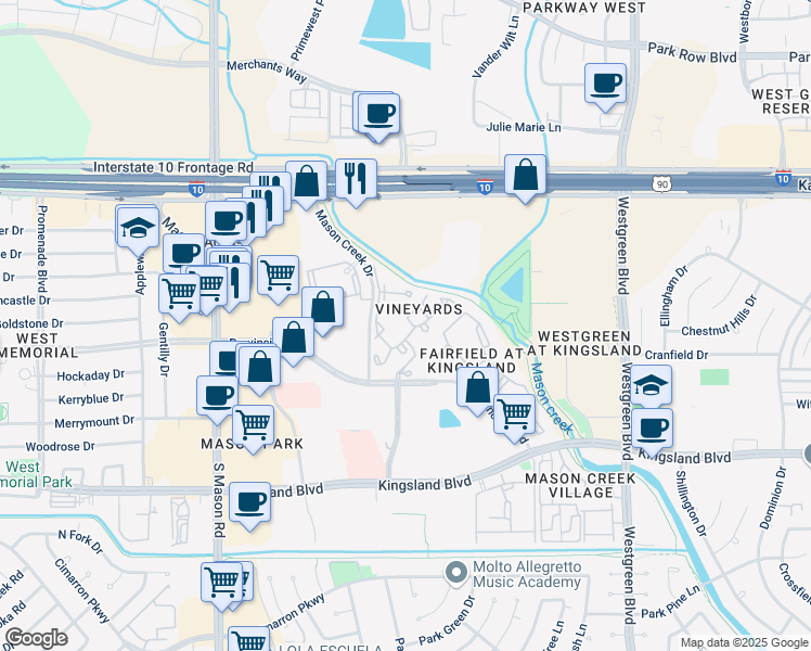 map of restaurants, bars, coffee shops, grocery stores, and more near 222 Mason Creek Drive in Katy