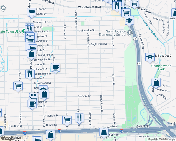 map of restaurants, bars, coffee shops, grocery stores, and more near 827 Cloverleaf Street in Houston