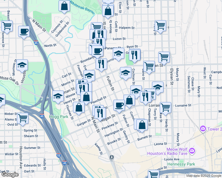 map of restaurants, bars, coffee shops, grocery stores, and more near 2121 Fulton Street in Houston