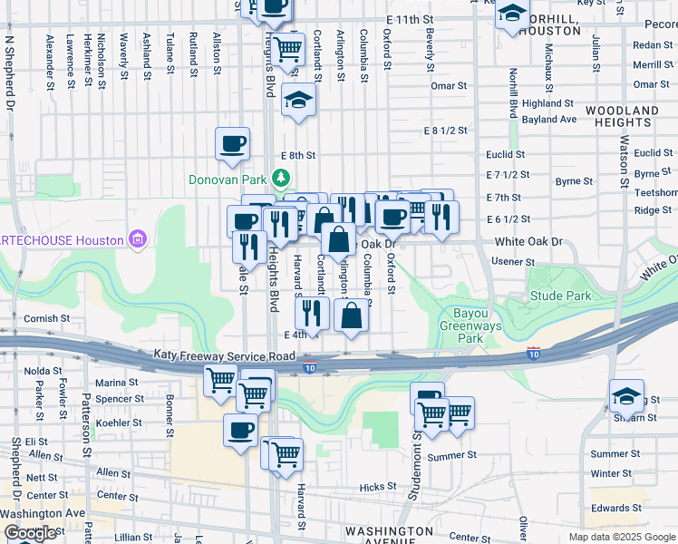 map of restaurants, bars, coffee shops, grocery stores, and more near 536 Arlington Street in Houston
