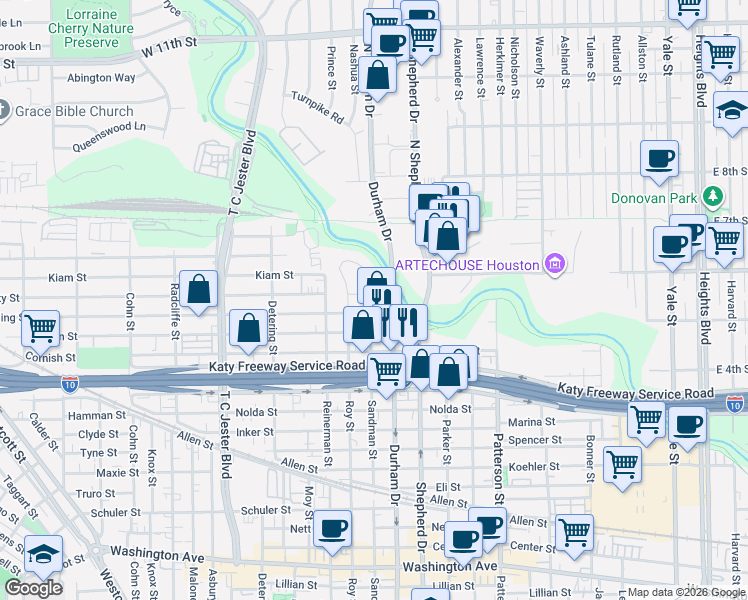 map of restaurants, bars, coffee shops, grocery stores, and more near 2535 Roy Circle in Houston