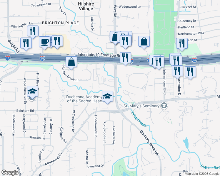 map of restaurants, bars, coffee shops, grocery stores, and more near 8228 Kingsbrook Road in Houston