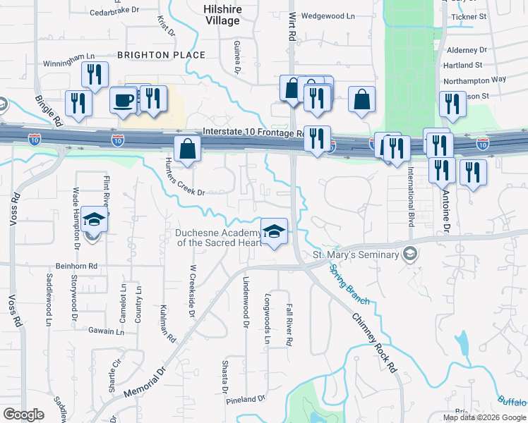 map of restaurants, bars, coffee shops, grocery stores, and more near 300-317 Queen Annes Road in Houston