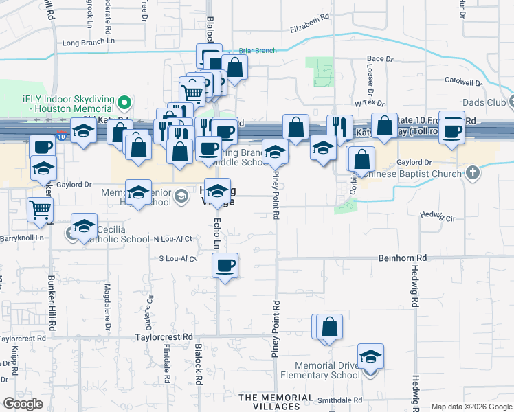 map of restaurants, bars, coffee shops, grocery stores, and more near 6 Robinwood Lane in Houston