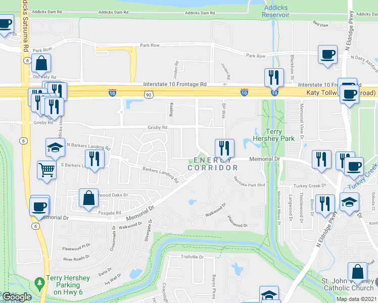 map of restaurants, bars, coffee shops, grocery stores, and more near 550 Westlake Park Boulevard in Houston