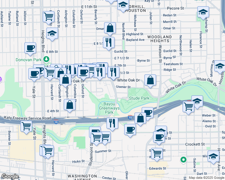 map of restaurants, bars, coffee shops, grocery stores, and more near 538 Threlkeld Street in Houston