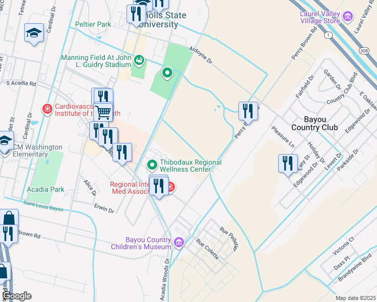 map of restaurants, bars, coffee shops, grocery stores, and more near 624 Percy Brown Road in Thibodaux