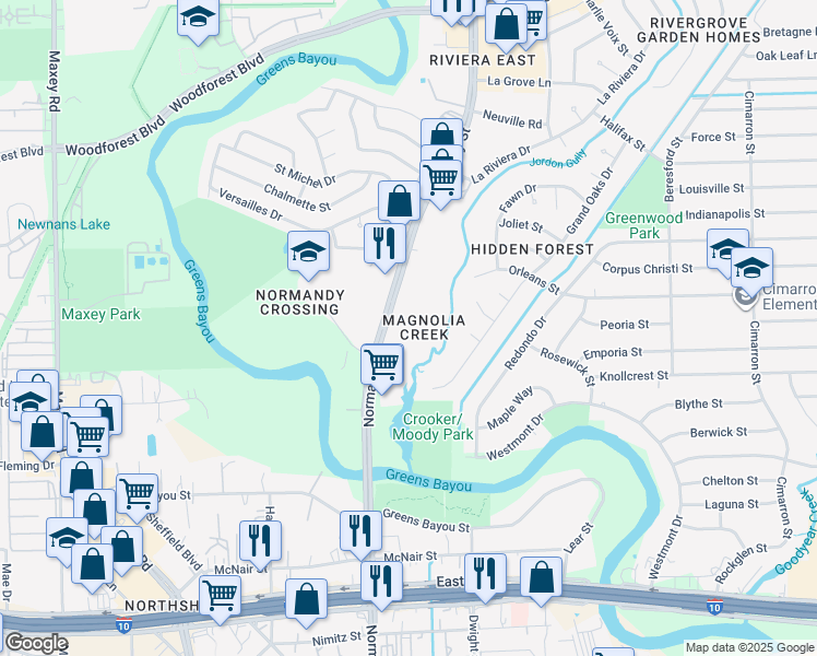 map of restaurants, bars, coffee shops, grocery stores, and more near 799 Normandy Street in Houston