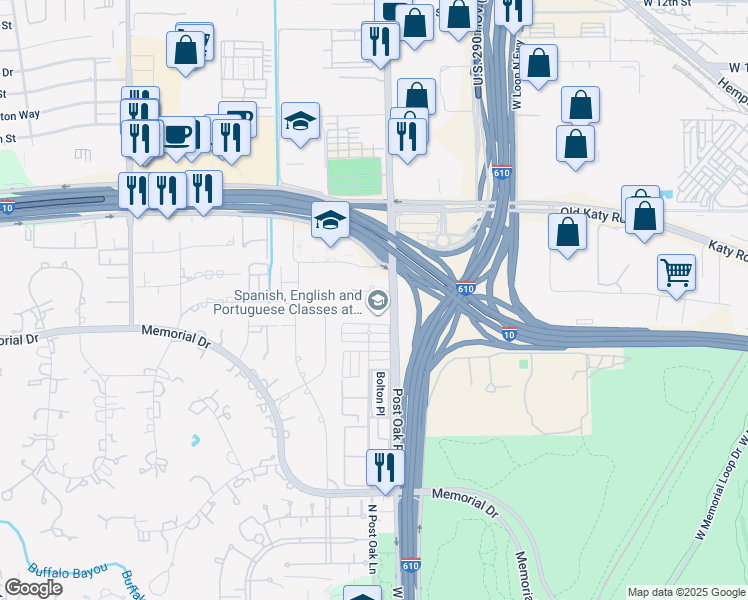 map of restaurants, bars, coffee shops, grocery stores, and more near 777 North Post Oak Road in Houston